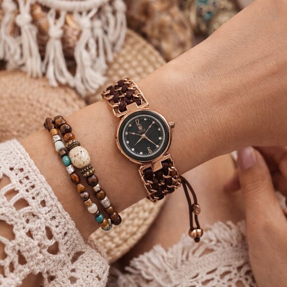 Boho Cottagecore Brown Braided Bracelet Watch Rose Gold Coquette Minimalist